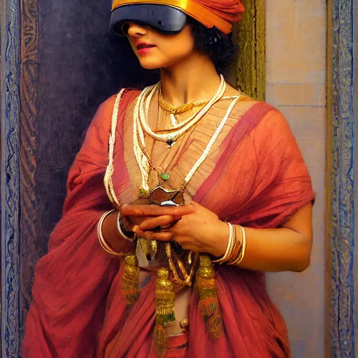 Prompt: detailed full body of hindu traditional woman blindfolded by high - tech vr headset, girl graceful,, painting by gaston bussiere, craig mullins, j. c. leyendecker, lights, art by ernst haeckel, john william godward, hammershøi,,