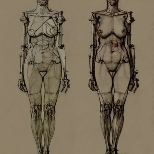 Image similar to sketches of a cyborg female by leonardo davinci