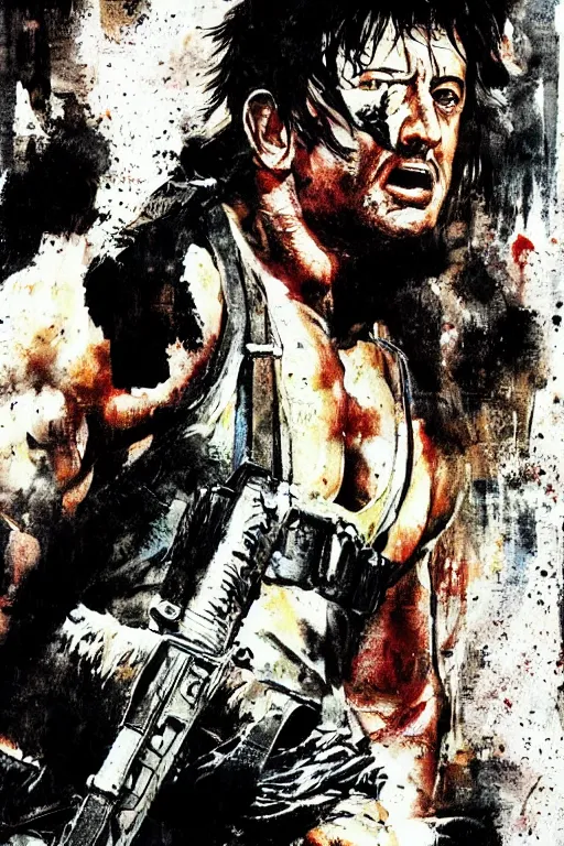 Image similar to a movie poster illustration of Stallone as Rambo by Yoji Shinkawa and Ashley Wood