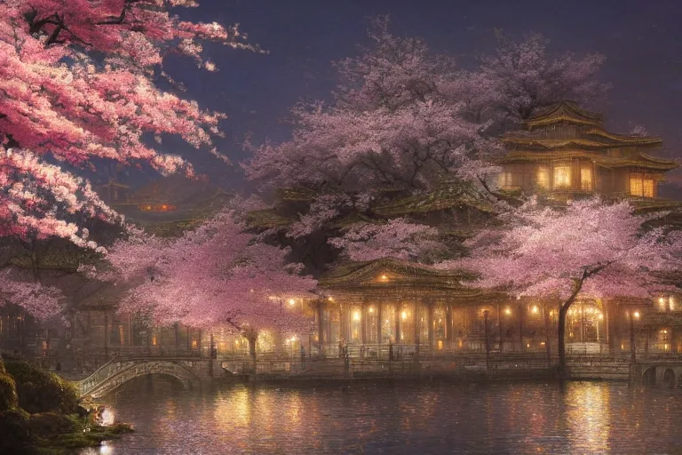 Prompt: a beautiful picture of sakura in full bloom, palace, evening, night, by greg rutkowski and thomas kinkade, trending on artstation