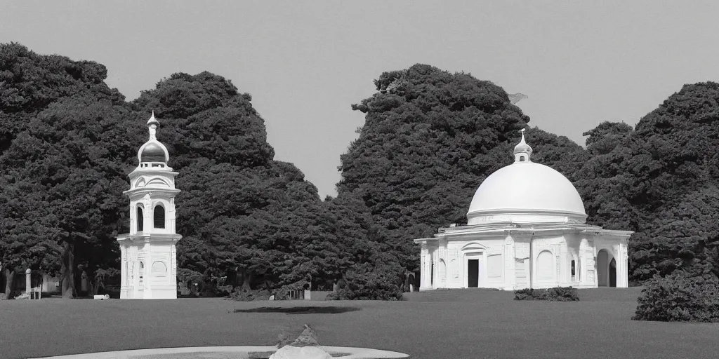 Image similar to A mysterious and godly domed white building in a city park, by Studio Ghibli and Edward Hopper