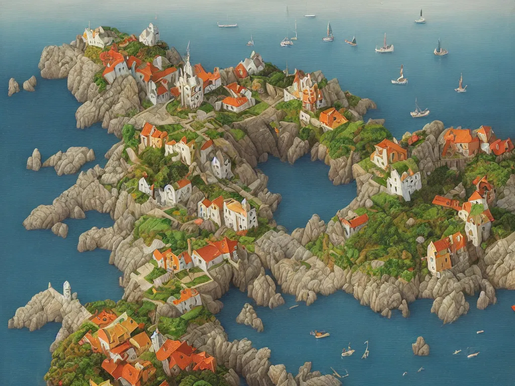 Image similar to A detailed isometric oil painting of a beautiful fantasy coastal village by Michiel Schrijver, by M.C. Escher, muted colors