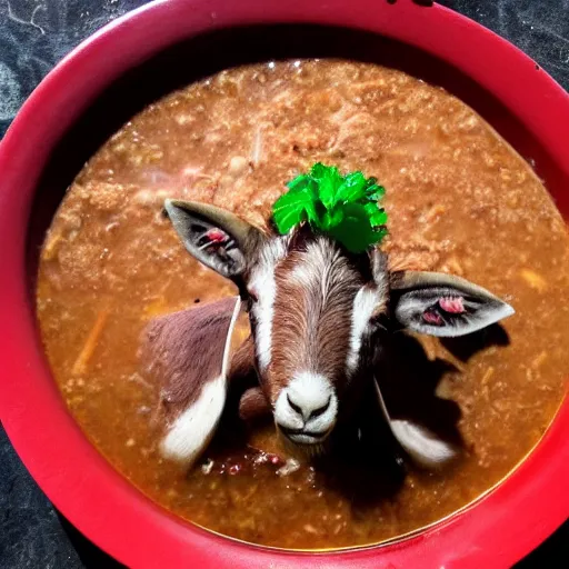 Image similar to a red goat eating pozole