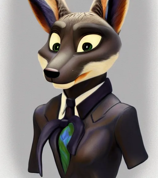 Image similar to painting bust of anthromorphic female wolf, in style of zootopia, zootopia, zootopia, fursona, furry, furaffinity, 4 k, deviantart, furry art, fursona art, wearing black business suit, business suit, in style of zootopia, wolf fursona, cyberpunk, female, expressive detailed feminine face,