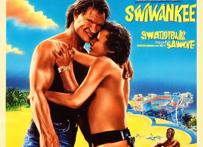 Image similar to Patrick Swayze, Ghanaian movie poster, romantic comedy, waterslide, Ninjas, highly detailed, HD, realism