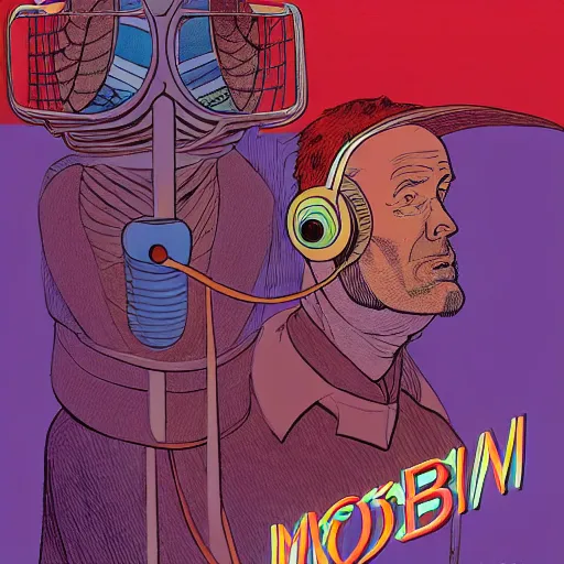 Image similar to drawn in the style of jean giraud!! moebius!! rackham the red wearing headphones and speaking into big microphone, podcast studio