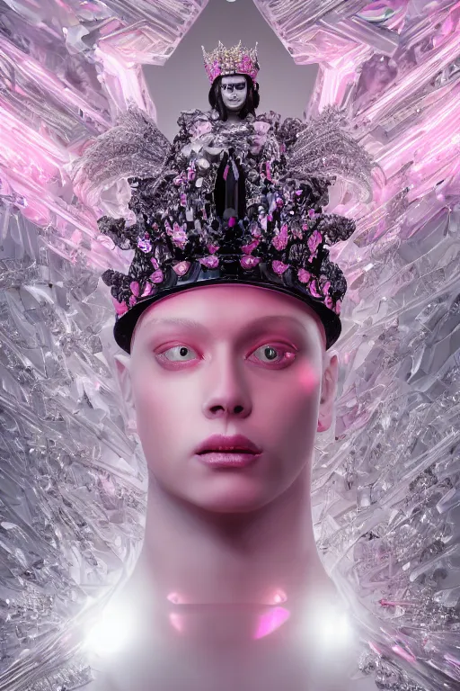 Image similar to hyper detailed ultra sharp portrait of baroque and bladerunner delicate glowing diamond sculpture of seductive muscular albino young spanish king, pink diamond black metallic sphinx iridescent humanoid deity wearing black cloak holding a prismatic gem, glowing pink face, crown of white diamonds, cinematic lighting, photorealistic, octane render 8 k depth of field 3 d