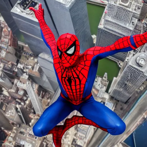 Image similar to spiderman standing on top of the empire state building