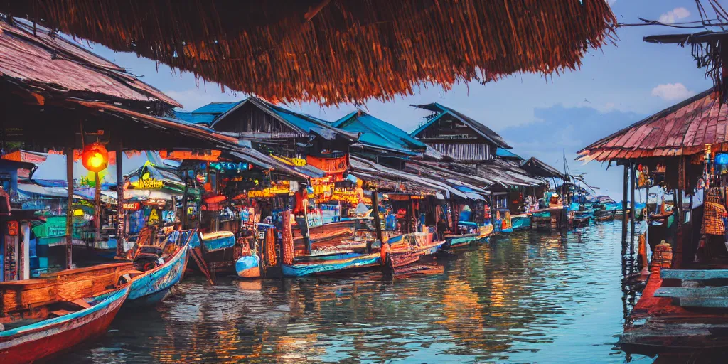 Image similar to close - up of shops at pulau indah fishing village, near a jetty, early morning, detailed matte painting, low angle view, telephoto lens, bokeh, studio ghibli, artstation