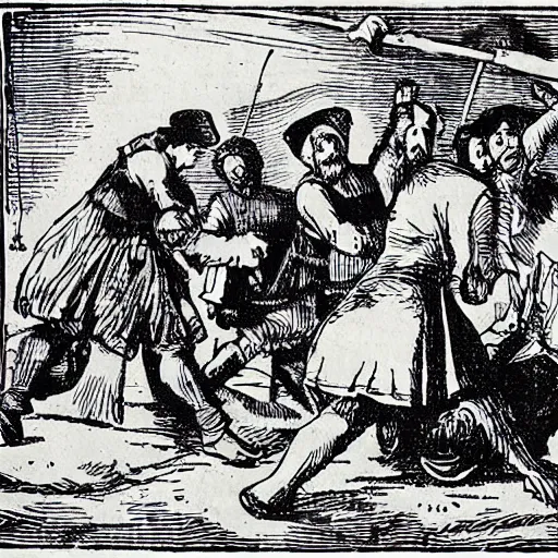 Image similar to sancho panza being blanketed. late 1 8 th century woodcut. flung in the air by tavernkeeper and guests. desperate, helpless, sprawling, flying, scared