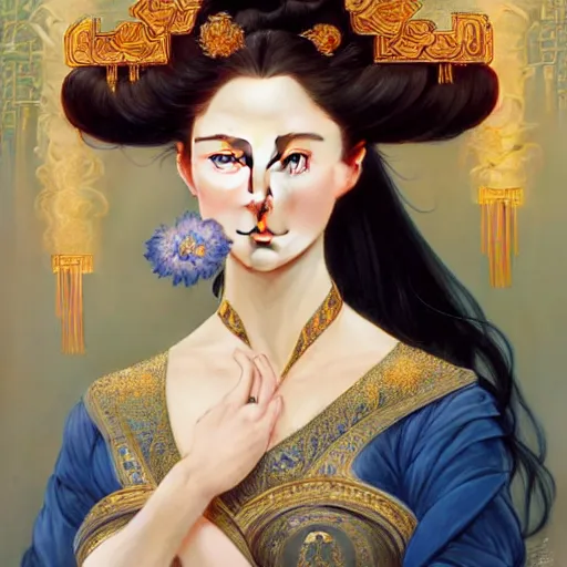 Image similar to ‘ a full portrait of elegant Chinese princess, D&D, blue eyes, fire hair, fantasy, intricate, elegant, highly detailed, digital painting, artstation, concept art, smooth, sharp focus, illustration, art by artgerm and greg rutkowski and alphonse mucha’