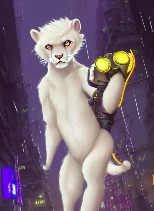 Image similar to award winning beautiful portrait commission of a male furry anthro albino mountain lion fursona with a tail and a cute beautiful attractive detailed furry face wearing stylish cyberpunk clothes in a cyberpunk city at night while it rains. Purple and Yellow neon light. Character design by charlie bowater, ross tran, artgerm, and makoto shinkai, detailed, inked, western comic book art