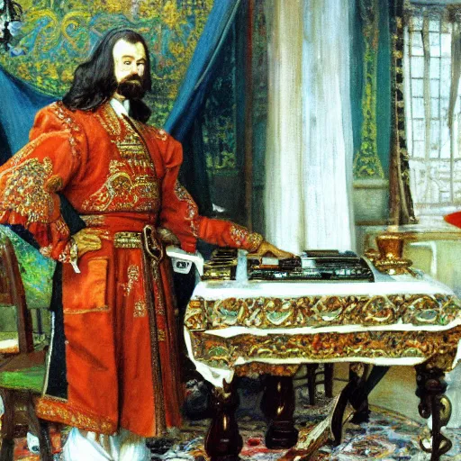 Image similar to russian tsar Peter The Great 18th century installs operating system ubuntu on desktop computer laptop by vasnetsov and surikov serov, JEAN-VICTOR BERTIN, by Terence Cuneo, detailed, artfully traced, 4k resolution, cinematic, dramatic