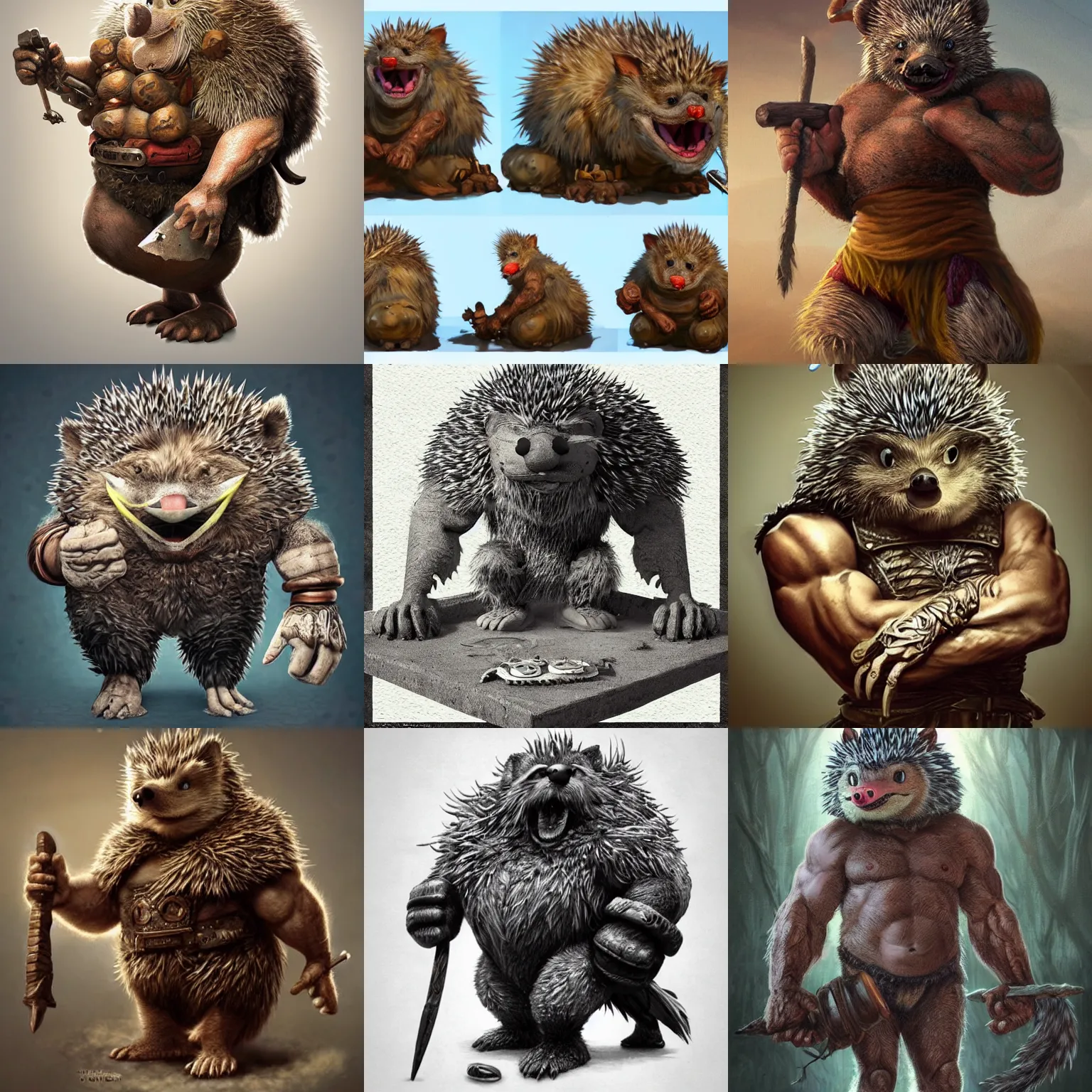 Prompt: anthropomorphic rugged smirking hedgehog!!! with furry!! oversized barbarian muscular upper body, oversized big arms, 👅 👅 , D&D, fantasy, intricate, elegant, highly detailed, digital painting, artstation, concept art, smooth, sharp focus, illustration, art by artgerm and beeple and greg rutkowski and alphonse mucha