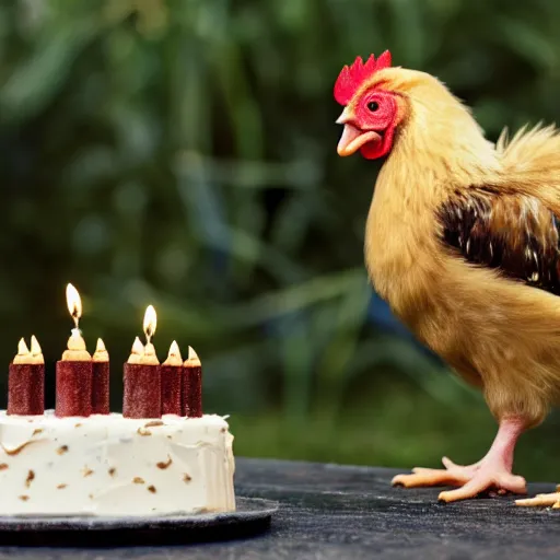 Image similar to a light yellowish downed baby chick is standing near a cake with 3 birthday candles and near a rooster
