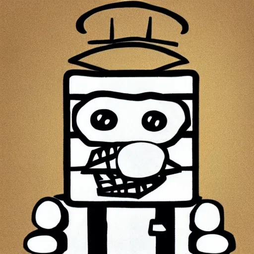 Image similar to an anthropomorphic toaster with googly eyes, black stick legs, black stick arms, and a hat