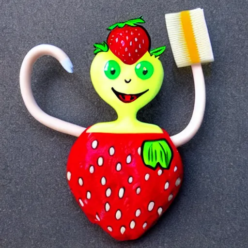 Prompt: a cute strawberry character with two front teeth, holding a yellow toothbrush, in the style of tara mcpherson