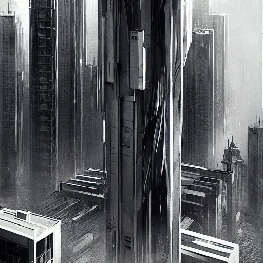 Image similar to a moody black and white neo noir film still of futuristic architecture intricate complexity, by greg rutkowski, artgerm, ross tran, conrad roset, takato yomamoto, ilya kuvshinov. 4 k, beautiful, cinematic dramatic atmosphere