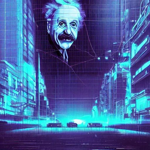 Prompt: “ einstein, cyberpunk art by vincent lefevre, behance contest winner, altermodern, cityscape, synthwave, matte painting ”