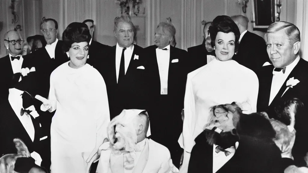 Prompt: a vintage color kodachrome photograph of cthulhu in a tuxedo at a fundraising in the white house with jfk in 1 9 6 3