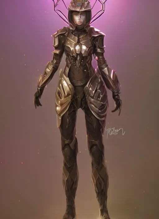 Image similar to of a full body, center frame hyper realistic digital arthero pose of a timepunk war cleric in a futuristic pearl armor, antenna tech helmet, dark gloomy environment. trending on artstation, art by lois van baarle by sung choi by john kirby artgerm style pascal blanche