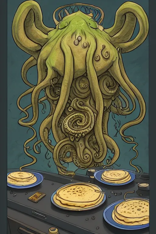 Image similar to cthulhu making pancakes, animation pixar style, by pendleton ward, magali villeneuve, artgerm, rob rey and kentaro miura style, golden ratio, trending on art station