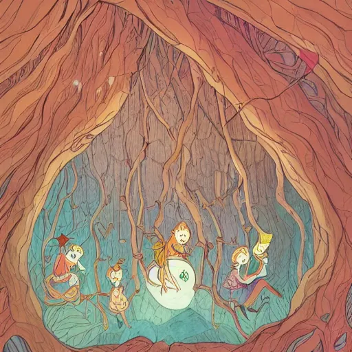 Prompt: a family of faeries living inside a hollow in a tree, highly detailed sharp focus painting by kerascoet by marie pommepuy and sebastien cosset, dynamic lighting