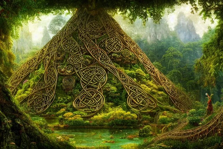 Image similar to a beautiful and highly detailed digital painting of an elven structure in a lush forest in a beautiful valley, psychedelic, trees and plants and flowers, celtic, intricate details, epic scale, 8 k, sharp focus, photorealism, artstation, cgsociety, by caspar friedrich, albert bierstadt, james gurney, brian froud,