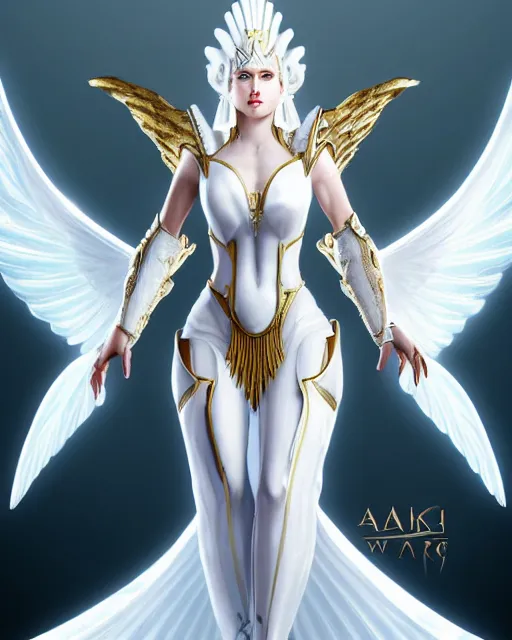Image similar to perfect white haired egyptian goddess wearing white dove wings, warframe armor, regal, attractive, ornate, sultry, beautiful, dreamy, half asian, pretty face, blue eyes, detailed, scifi platform, 4 k, ultra realistic, epic lighting, android body, illuminated, cinematic, masterpiece, art by akihito tsukushi, voidstar, artgerm