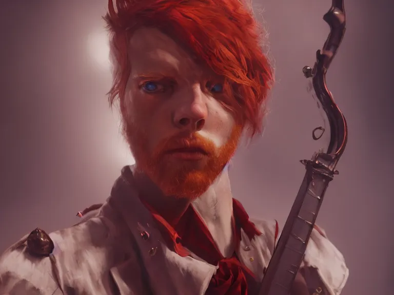 Prompt: Red Headed Slender Male Musician looking Fantastical, RPG Character Reference, Oil Painting, Trending on Artstation, octane render, Insanely Detailed, 8k, HD