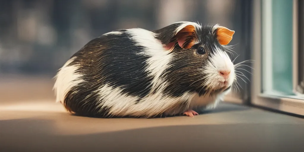 Image similar to a guinea pig sits looking out the window at night, watching cars go by on a road in Paris, 4k photorealism