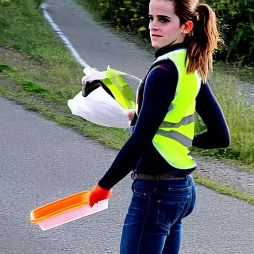 Prompt: emma watson in a hi vis vest picking up trash on the side of the road. midday sun,