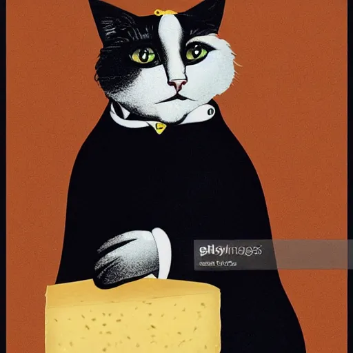 Prompt: a propaganda poster depicting a cat dressed as French emperor Napoleon holding a piece of cheese