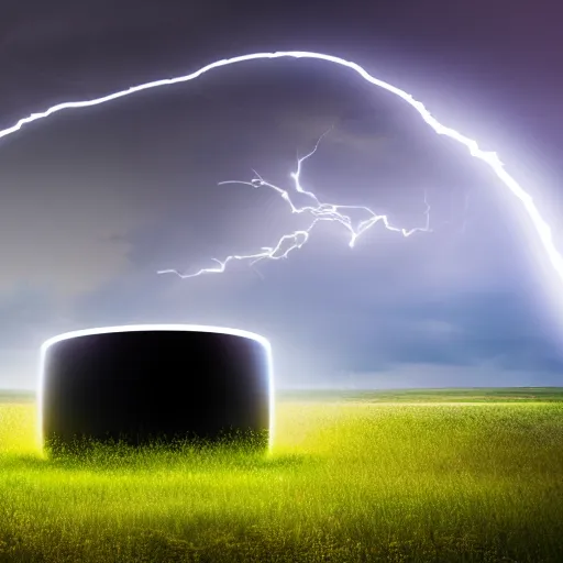 Prompt: futuristic flying car emerging from a circular portal made of lightning in the sky, thunderstorms at night, 8k 28mm cinematic photo