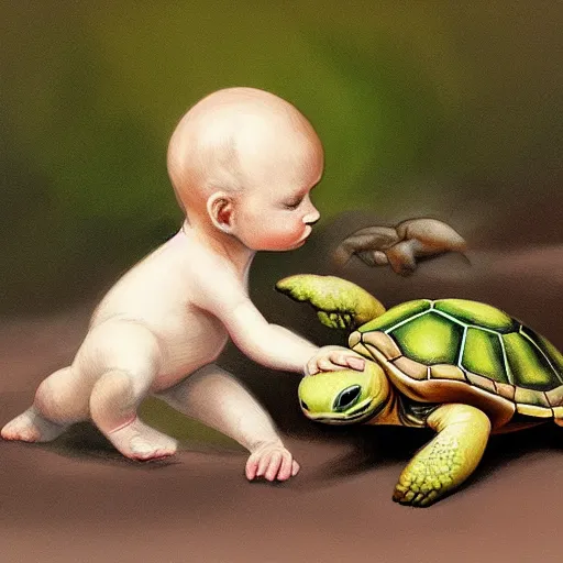 Prompt: baby turtle playing with a baby rabbit, concept art, painting, highly detailed