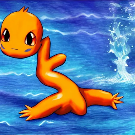 Prompt: charmander ~ water powers ~ realistic ~ blue color ~ ocean background ~