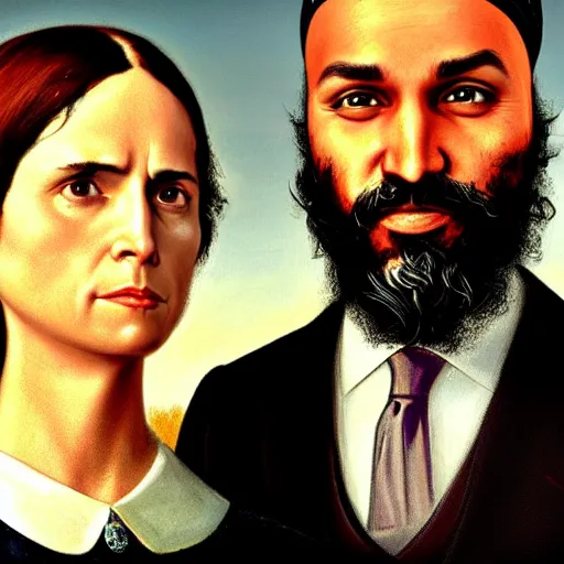 Prompt: Justin Trudeau with Jagmeet Singh in the american gothic painting, concept art, sharp focus, highly detailed digital painting by Gustave Corbet, artstation