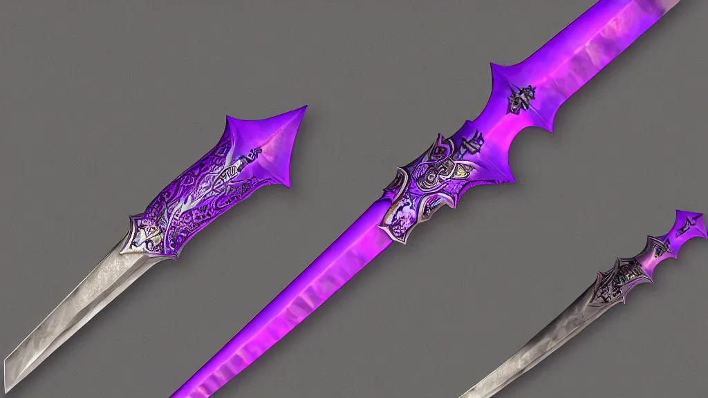 Image similar to medieval broad sword, purple aura, purple inscription, intrinsic design, hyper detailed, 4 k, 8 k