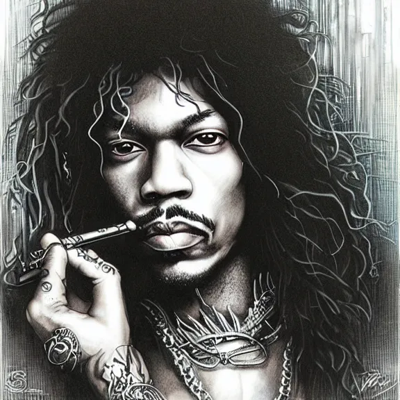 Image similar to a highly detailed portrait of jim ’ s hendrix in the style of luis royo.