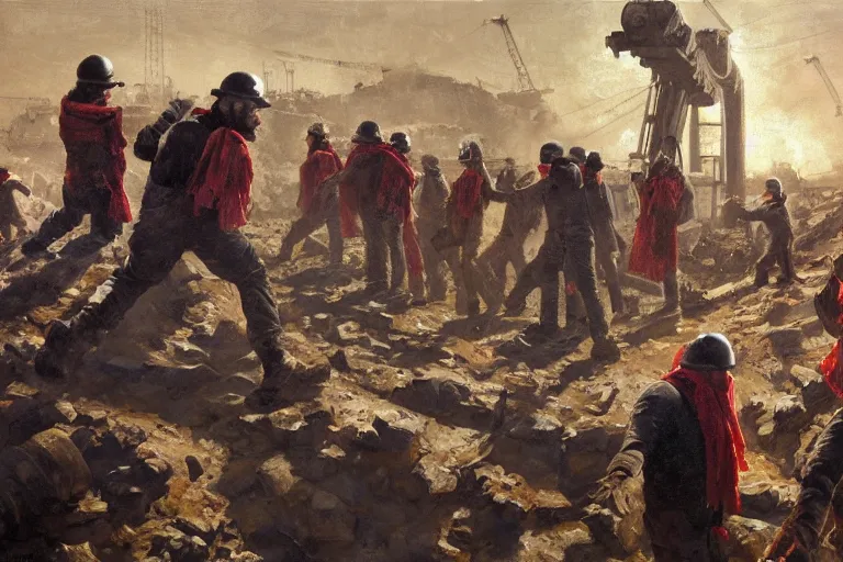 Image similar to oil painting of intense dramatic still of a ragtag group of miners and factory workers with improvised weapons and pistols and red scarves below their necks, on the surface of an asteroid, outside of a high tech scifi industrial building, medium shot, oil painting by charles frederic ulrich, pablo olivera, normal rockwell, greg rutkowski, trending on artstation, incredible detail