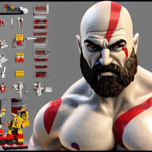 Image similar to kratos from god of war playing with a lego set