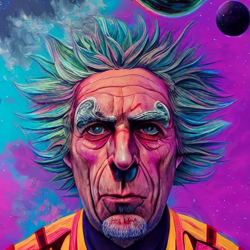 Image similar to Rick Sanchez an extremely psychedelic experience, colorful, surreal, dramatic lighting, cosmonaut, LSD, face, detailed, intricate, elegant, highly detailed, digital painting, artstation, concept art, smooth, sharp focus, illustration, art by Sam Spratt, Dan Mumford, Artem Demura and Alphonse Mucha