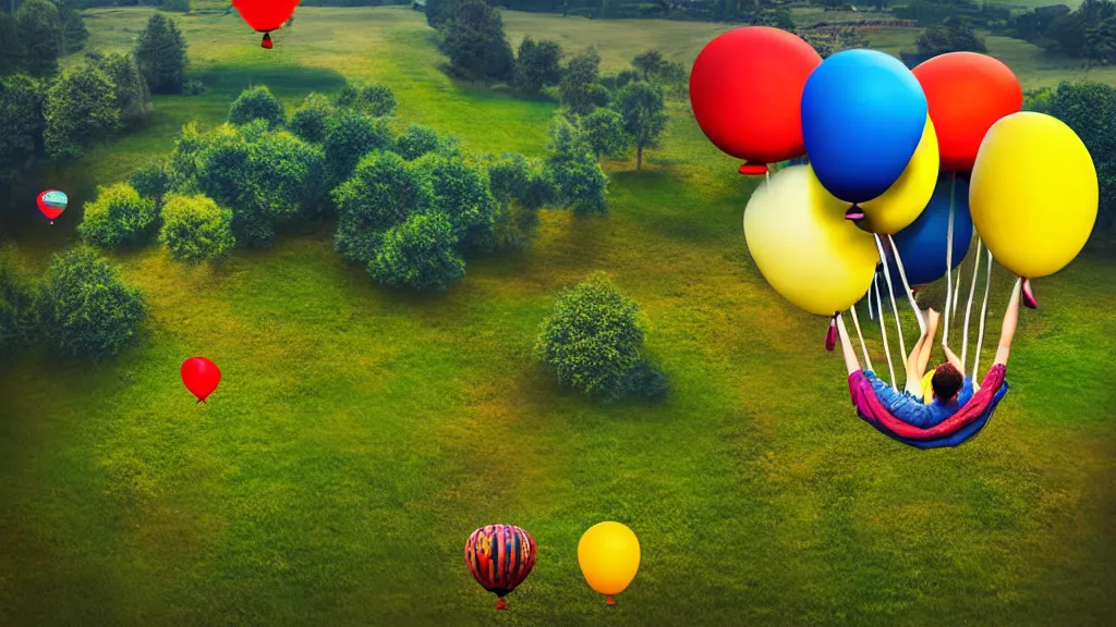 Image similar to large colorful balloons with people on rope swings underneath, flying high over the beautiful countryside landscape, professional photography, 8 0 mm telephoto lens, realistic, detailed, digital art, unreal engine