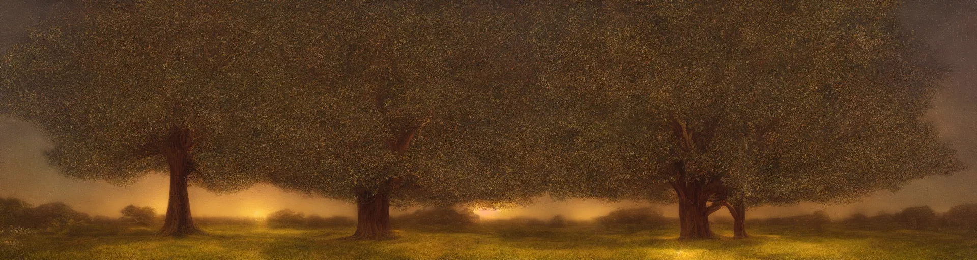 Prompt: Enormous, extremely complex tree with very wide canopy centered during twilight, tonalism style, trending on Artstation, 8k, 4k, high-res, digital art