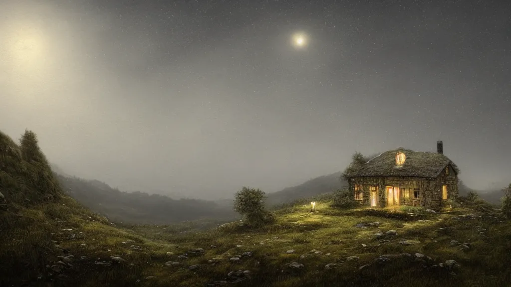 Prompt: A singular rotting cottage on a mountaintop at night, by Lee Madgwick, hyperrealistic, Octane 8k UHD