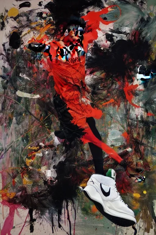 Image similar to nike advertisment with a black boston celtics basketballer making dunk, rich deep colours, painted by francis bacon, adrian ghenie, james jean and petra cortright, part by gerhard richter, part by takato yamamoto masterpiece