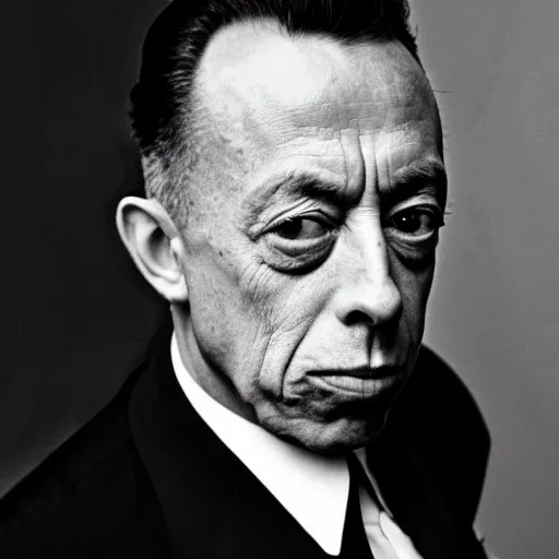 Image similar to 8k black and white photograph portrait of Albert Camus making a silly face. National Geographic. Hilarious.