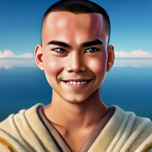 Image similar to beautiful serene intricate photograph of sokka from the water tribe as an inuit young man with light blue eyes, smiling confidently, relaxing on the beach, golden hour, soft focus, 8 k, art by irakli nadar, hyperrealism, hyperdetailed, ultra realistic