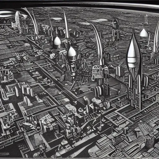 Prompt: view of alien city by mcdonald's escher, 4 k,