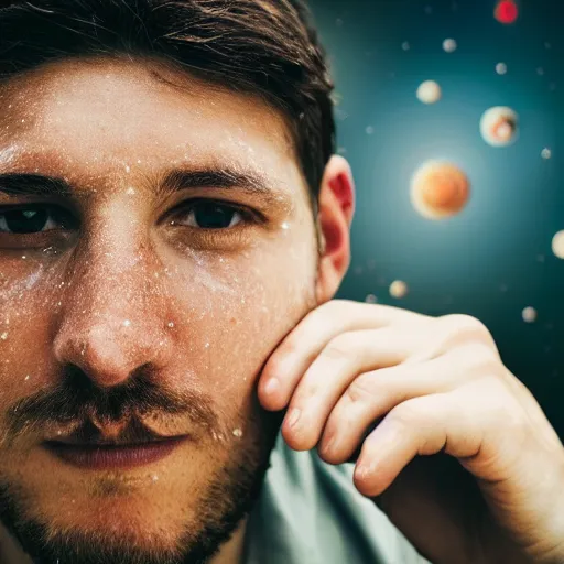 Prompt: man with red scar on nose closeup portrait picture with stars in outer space with galaxies